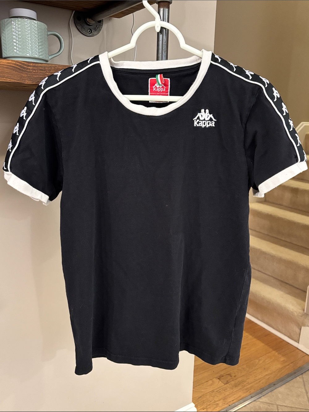 Kappa Logo Tape T-shirt Black White 100% Cotton Short Sleeve Tee Size Small